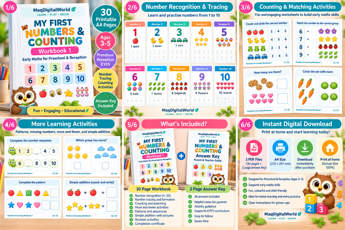 My First Numbers & Counting Workbook 1 | Ages 3–5 | 30 A4 Printable Pages